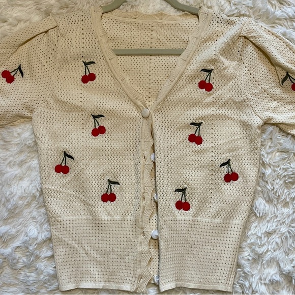 Cherry Embroidered Knit Cardigan Sweater Cute Fruit Motif Cottagecore Boho Small - Picture 5 of 6